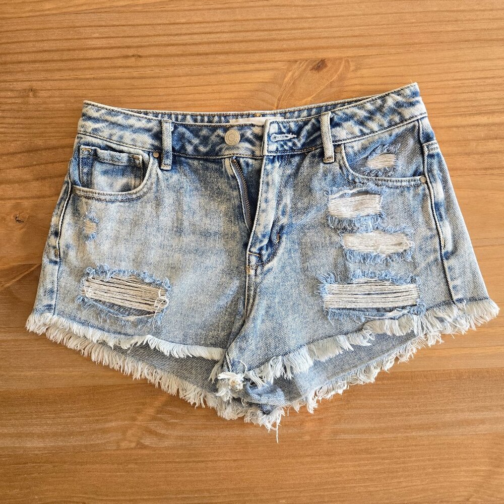PacSun High Rise Festival Shorts 25" Cut Off Jeans Light Denim Distressed